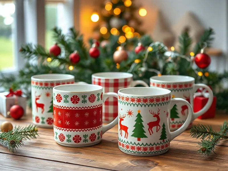 Mugs de Noël thématisés en gros : rennes, sapins, flocons