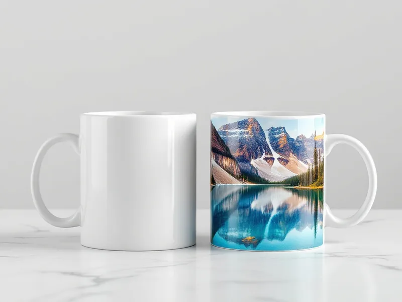 Mug blanc vierge et mug imprimé par sublimation, photo sur tout le tour